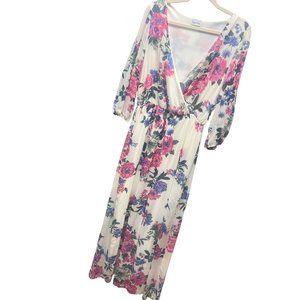 Brigitte Baile White Floral Chiffon  Plunging Neckline maxi Dress